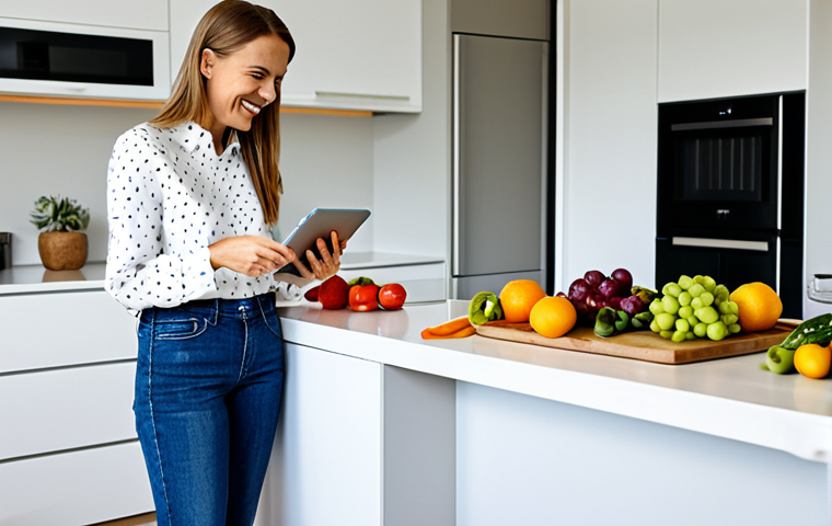 Personalized Nutrition in a Modern German Kitchen**

"A bright, modern German kitchen. A woman, fully clothed in a stylish but modest blouse and jeans, smiles as she looks at a tablet displaying a personalized nutrition plan. Fresh, colorful fruits and vegetables are on the counter. The scene should convey a sense of health, happiness, and easy integration into daily life. Safe for work, appropriate content, family-friendly. Perfect anatomy, correct proportions, natural pose. High quality, professional photography."

**