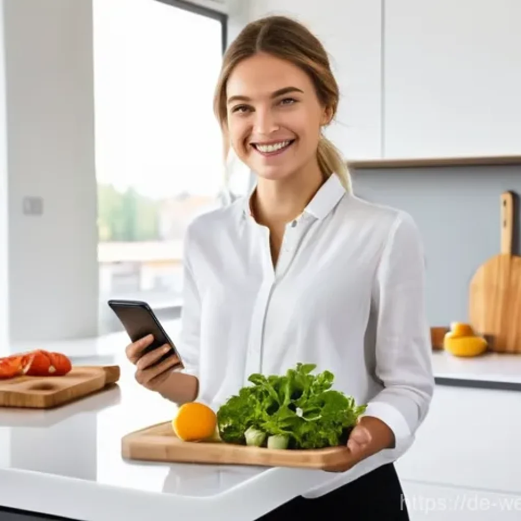 스마트 식단 관리 앱 추천 - **Prompt 1: Modern German Professional Using a Nutrition App in a Stylish Kitchen**
    "A young, sm...