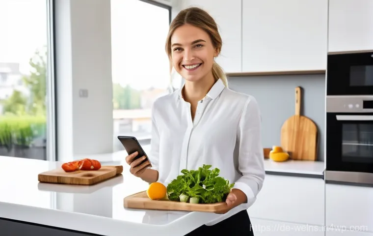 스마트 식단 관리 앱 추천 - **Prompt 1: Modern German Professional Using a Nutrition App in a Stylish Kitchen**
    "A young, sm...