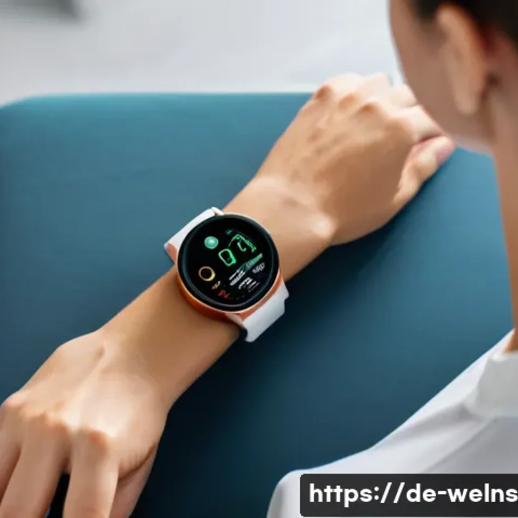 AI 기반 건강 모니터링의 최신 동향 - A modern German woman wearing a sleek smartwatch on her wrist, sitting comfortably at home in casual...