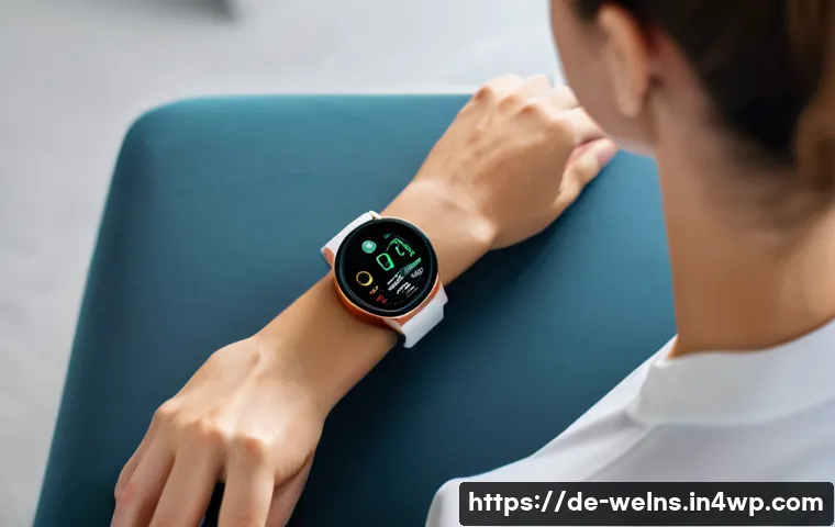AI 기반 건강 모니터링의 최신 동향 - A modern German woman wearing a sleek smartwatch on her wrist, sitting comfortably at home in casual...