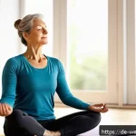 Home 22 전통적인 요가와 웰니스 테크의 조화 - A serene indoor scene showing a middle-aged German woman practicing mindful breathing exercises in a...