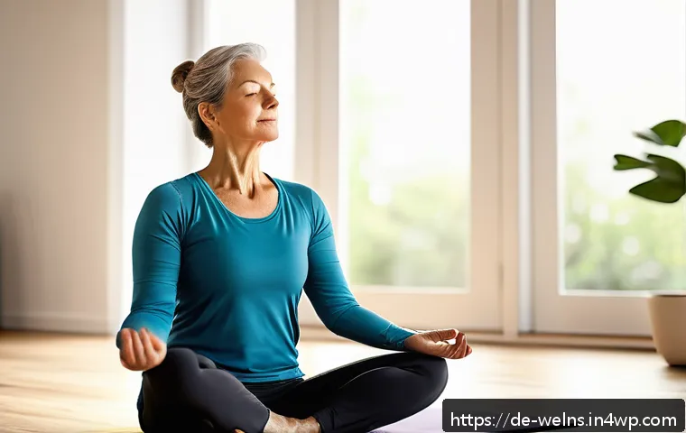 전통적인 요가와 웰니스 테크의 조화 - A serene indoor scene showing a middle-aged German woman practicing mindful breathing exercises in a...