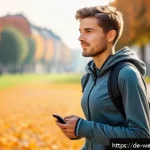 Home 20 웰니스 테크를 활용한 체중 조절 방법 - A modern German urban setting with a young adult wearing a sleek fitness tracker on the wrist, casua...