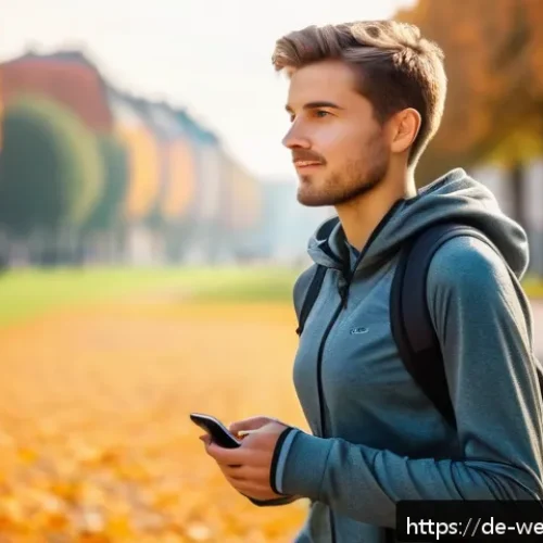 Home 32 웰니스 테크를 활용한 체중 조절 방법 - A modern German urban setting with a young adult wearing a sleek fitness tracker on the wrist, casua...