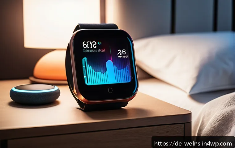 웰니스 테크로 수면 질 개선하기 - A modern bedroom scene in a German home featuring a person wearing a sleek smartwatch and a fitness ...