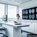 Home 18 스마트 헬스케어의 시장 전망과 전략 - A modern hospital diagnostic room in Germany featuring a sophisticated AI-powered imaging system ana...