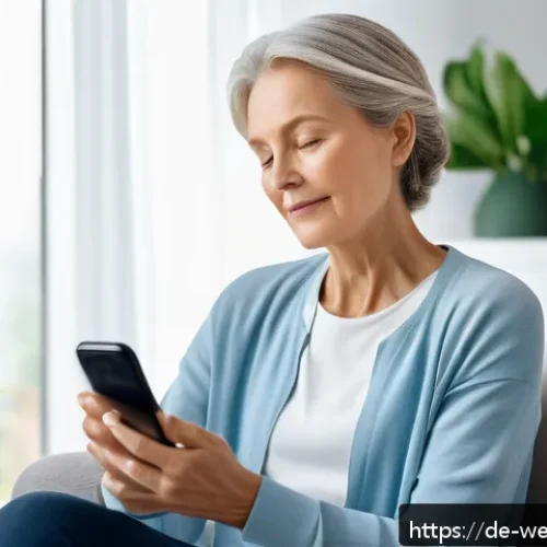 Home 17 AI 상담사의 효과 웰니스에서의 활용 - A modern wellness coaching scene featuring a middle-aged German woman using a smartphone app for per...