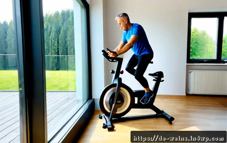 스마트 운동 장비의 효과적인 활용 방법 - Photorealistic modern German apartment fitness corner, active middle-aged man in modest athletic clo...
